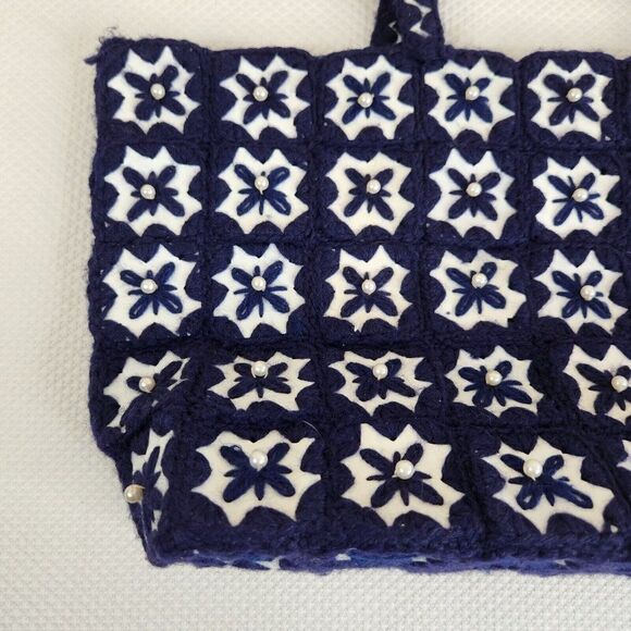 Vintage 60s Navy Blue Granny Square Purse Handbag Pocketbook Crochet Yarn Boho - Picture 2 of 8